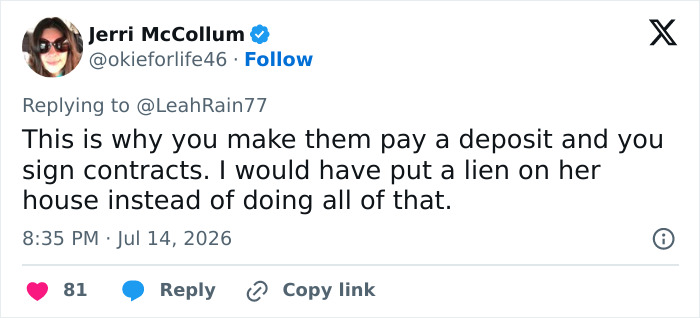 A social media post from Jerri McCollum advising on contracts for landscapers dealing with Karens, following the revenge story. A social media post from Jerri McCollum advising on contracts for landscapers dealing with Karens, following the revenge story.