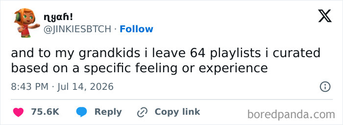 A funny tweet discussing curating 64 playlists based on specific feelings, illustrating unhinged tweets.