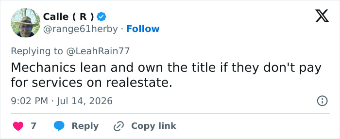 A social media post from Calle (R) explaining mechanics liens and ownership titles for unpaid services on real estate. A social media post from Calle (R) explaining mechanics liens and ownership titles for unpaid services on real estate.