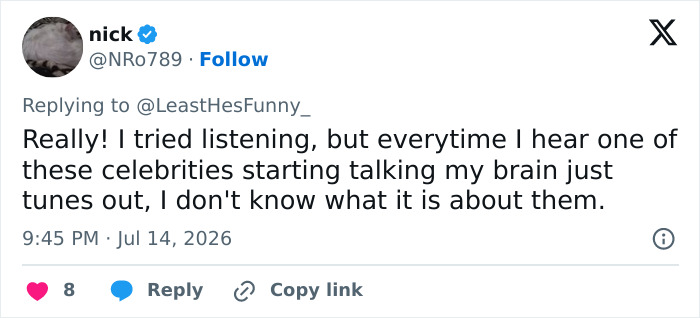 A screenshot of a tweet by @NRo789 expressing disinterest in celebrity talk, referencing Alec Baldwin's Sam Neill tribute. A screenshot of a tweet by @NRo789 expressing disinterest in celebrity talk, referencing Alec Baldwin's Sam Neill tribute.