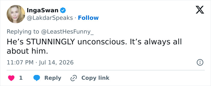 Screenshot of a tweet from IngaSwan about Alec Baldwin being narcissistic. Screenshot of a tweet from IngaSwan about Alec Baldwin being narcissistic.