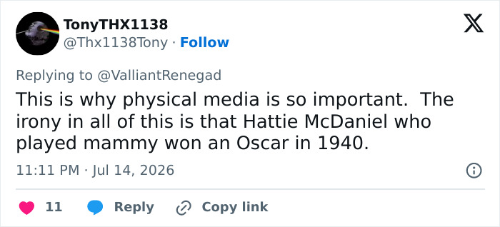 Screenshot of a tweet from user TonyTHX1138 discussing physical media and Hattie McDaniel's Oscar in relation to the Gone With The Wind Netflix synopsis controversy. Screenshot of a tweet from user TonyTHX1138 discussing physical media and Hattie McDaniel's Oscar in relation to the Gone With The Wind Netflix synopsis controversy.