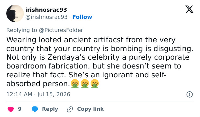 Screenshot of a tweet calling Zendaya's wearing 3000-year-old earrings disgusting and controversial. Screenshot of a tweet calling Zendaya's wearing 3000-year-old earrings disgusting and controversial.