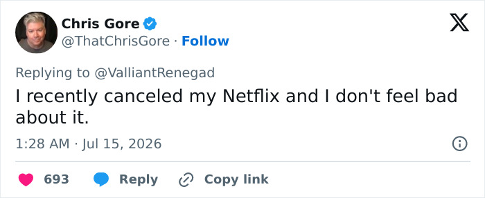 A tweet from Chris Gore confirming he cancelled Netflix and feels good about it, relating to the Gone With The Wind boycott. A tweet from Chris Gore confirming he cancelled Netflix and feels good about it, relating to the Gone With The Wind boycott.