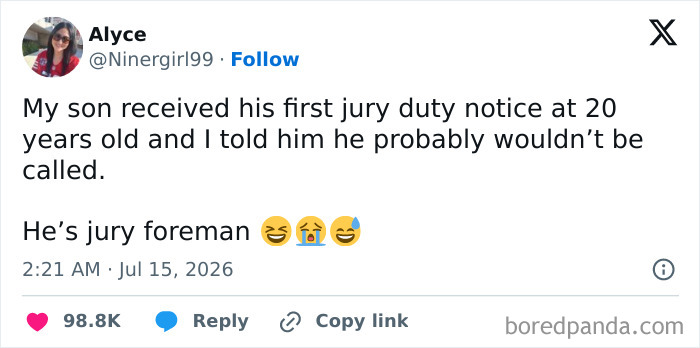 Funny meme about raising kids: Alyce tweet about her son becoming a jury foreman at 20.