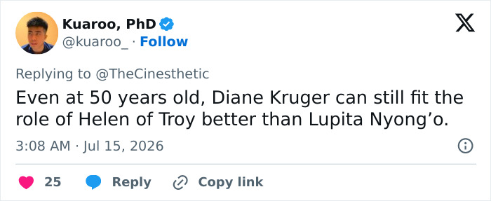 A social media post praising the Helen of Troy actress for her age-defying looks, even at 50 years old. A social media post praising the Helen of Troy actress for her age-defying looks, even at 50 years old.