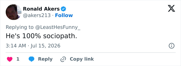 A screenshot of a tweet by @akers213 calling Alec Baldwin 100% sociopath in response to his Sam Neill tribute. A screenshot of a tweet by @akers213 calling Alec Baldwin 100% sociopath in response to his Sam Neill tribute.