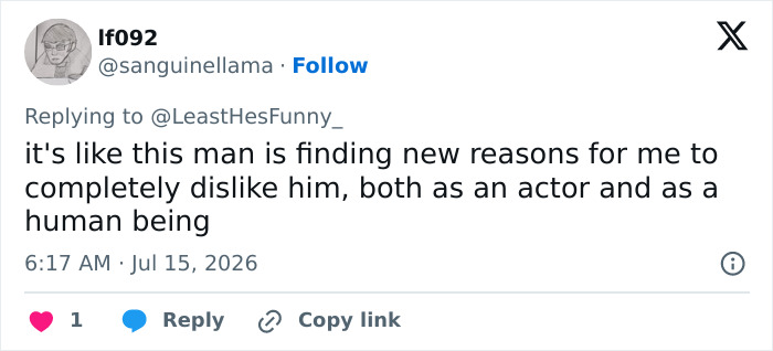 A tweet from If092 indicating dislike for Alec Baldwin as an actor and human due to his narcissistic tribute. A tweet from If092 indicating dislike for Alec Baldwin as an actor and human due to his narcissistic tribute.