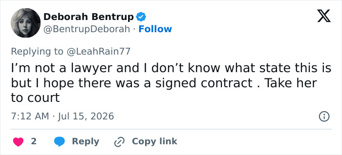 Screenshot of a tweet from Deborah Bentrup, a user on a social media platform, discussing the landscaper's revenge. Screenshot of a tweet from Deborah Bentrup, a user on a social media platform, discussing the landscaper's revenge.