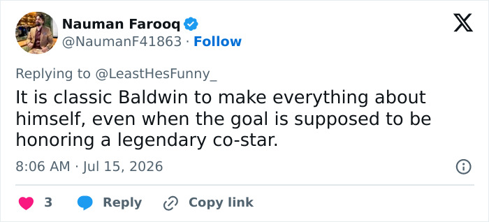 A tweet criticizing Alec Baldwin for making a tribute about himself instead of honoring Sam Neill. A tweet criticizing Alec Baldwin for making a tribute about himself instead of honoring Sam Neill.