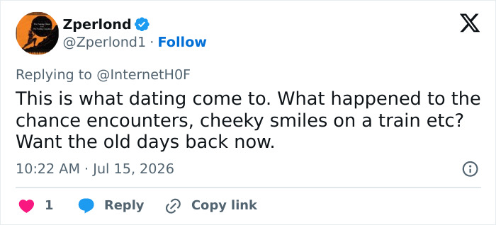 Tweet discussing dating methods and wishing for old days, in context of the new dating method dominating Tinder. Tweet discussing dating methods and wishing for old days, in context of the new dating method dominating Tinder.
