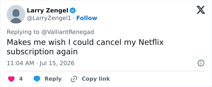 A tweet by @LarryZengel expressing a desire to cancel their Netflix subscription again, amid calls for a boycott. A tweet by @LarryZengel expressing a desire to cancel their Netflix subscription again, amid calls for a boycott.