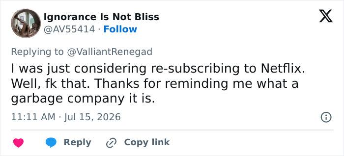 Screenshot of a tweet from user Ignorance Is Not Bliss expressing anger at Netflix's Gone With The Wind synopsis and the call for boycott. Screenshot of a tweet from user Ignorance Is Not Bliss expressing anger at Netflix's Gone With The Wind synopsis and the call for boycott.
