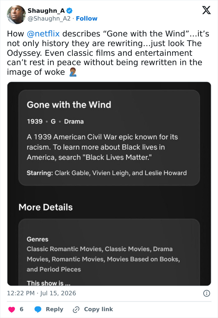 Screenshot of a tweet about the Netflix Gone With The Wind synopsis, causing fans to call for a boycott. Screenshot of a tweet about the Netflix Gone With The Wind synopsis, causing fans to call for a boycott.
