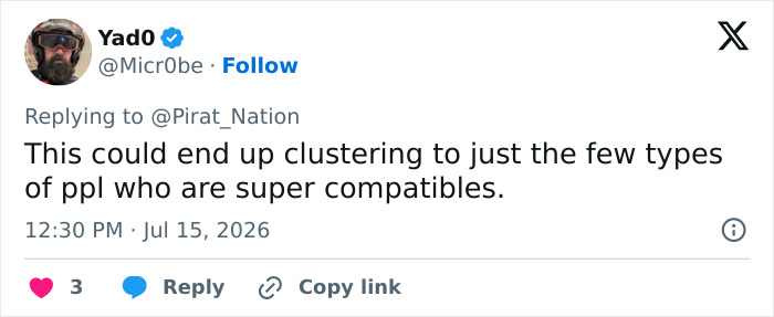 Tweet expressing concerns about a new dating method's potential for clustering users at California colleges. Tweet expressing concerns about a new dating method's potential for clustering users at California colleges.