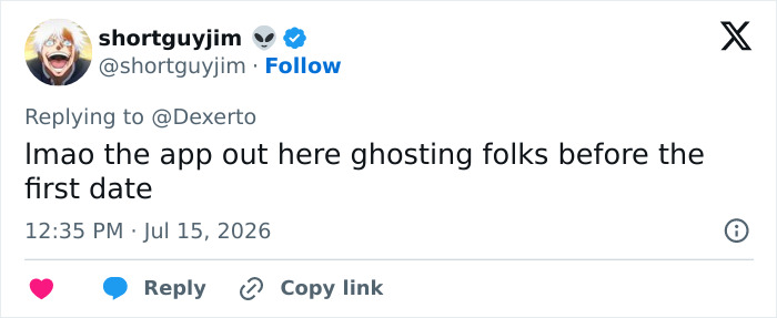A tweet by shortguyjim about the dating app ghosting users, relating to the new dating method in California colleges. A tweet by shortguyjim about the dating app ghosting users, relating to the new dating method in California colleges.
