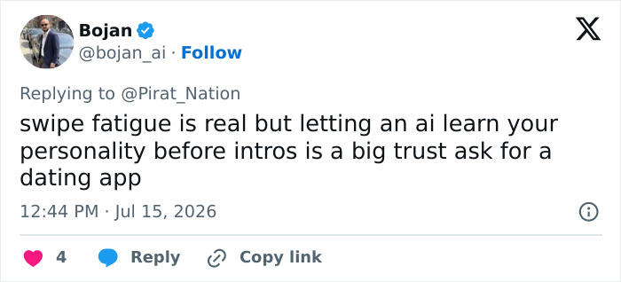A tweet by Bojan discussing a new dystopian dating method and AI learning personality before intros for California colleges. A tweet by Bojan discussing a new dystopian dating method and AI learning personality before intros for California colleges.