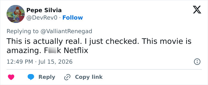 A tweet by @DevRev0 confirming the reality of the situation and praising Gone With The Wind, while criticizing Netflix. A tweet by @DevRev0 confirming the reality of the situation and praising Gone With The Wind, while criticizing Netflix.