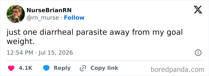 A funny tweet from NurseBrianRN about unusual weight loss methods, defining July on the internet.