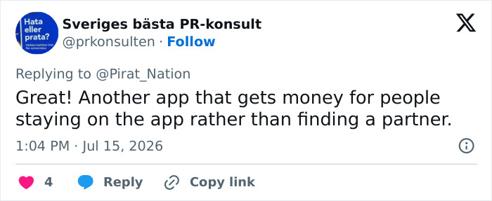 A tweet from Sveriges bästa PR-konsult says this is another app that makes money for people staying on the app rather than finding a partner. This tweet relates to a new dystopian dating method taking over California colleges. A tweet from Sveriges bästa PR-konsult says this is another app that makes money for people staying on the app rather than finding a partner. This tweet relates to a new dystopian dating method taking over California colleges.