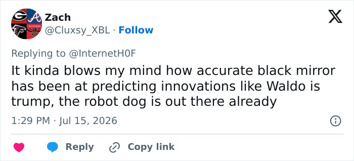 A tweet by Zach comparing a new dystopian dating method to Black Mirror predictions and innovations. A tweet by Zach comparing a new dystopian dating method to Black Mirror predictions and innovations.
