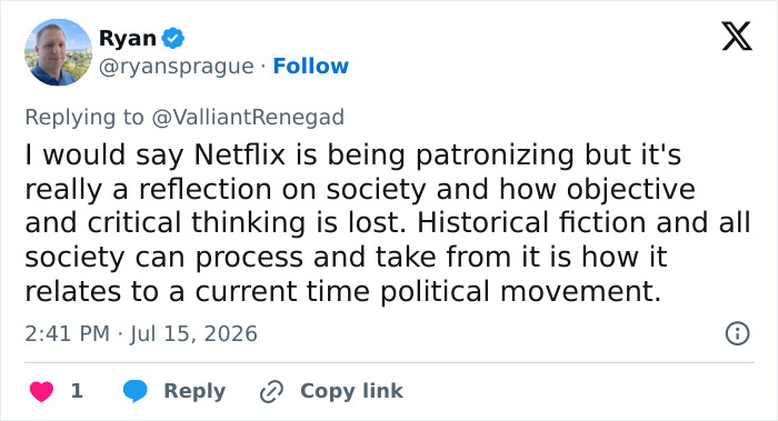 Screenshot of a tweet from user Ryan commenting on Netflix's Gone With The Wind synopsis reflecting societal issues and the boycott. Screenshot of a tweet from user Ryan commenting on Netflix's Gone With The Wind synopsis reflecting societal issues and the boycott.