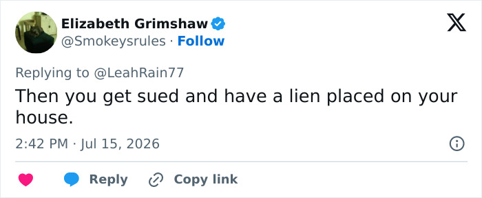 A social media post from Elizabeth Grimshaw warning about getting sued and having a lien placed on a house. A social media post from Elizabeth Grimshaw warning about getting sued and having a lien placed on a house.