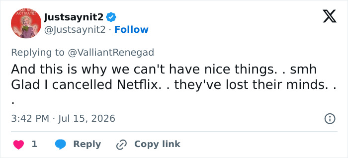Screenshot of a tweet from user Justsaynit2 about cancelling Netflix due to the Gone With The Wind synopsis and the boycott. Screenshot of a tweet from user Justsaynit2 about cancelling Netflix due to the Gone With The Wind synopsis and the boycott.