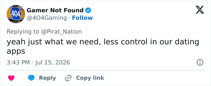 A tweet expressing concern about less control in dating apps, referencing a new dating method in California colleges. A tweet expressing concern about less control in dating apps, referencing a new dating method in California colleges.