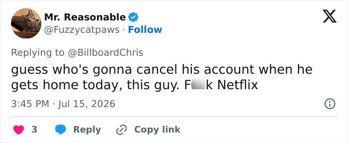 A tweet from Mr. Reasonable threatening to cancel Netflix due to the Gone With The Wind synopsis, supporting the boycott. A tweet from Mr. Reasonable threatening to cancel Netflix due to the Gone With The Wind synopsis, supporting the boycott.