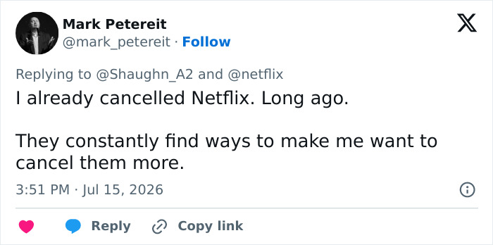 A tweet from Mark Petereit stating he already cancelled Netflix, influenced by the Gone With The Wind synopsis controversy. A tweet from Mark Petereit stating he already cancelled Netflix, influenced by the Gone With The Wind synopsis controversy.