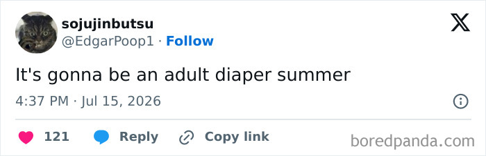 A funny and unhinged tweet about adult diapers for summer, defining July on the internet.