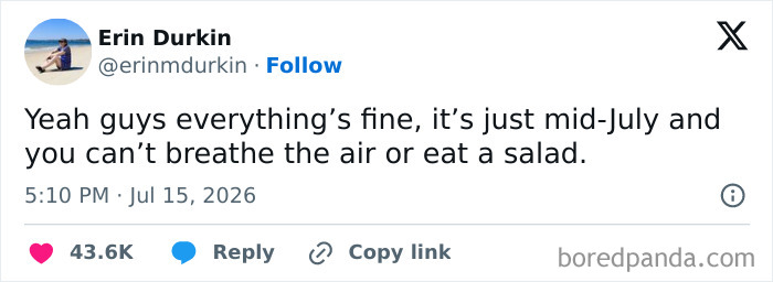 A funny tweet from Erin Durkin about July heat and air quality, defining July on the internet.