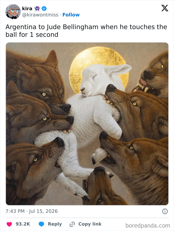 A World Cup 2026 meme depicting a lamb surrounded by aggressive wolves, representing Jude Bellingham and Argentina.