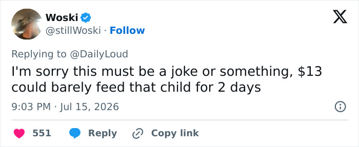 A tweet from Woski commenting on the paltry $13 child support payment, calling it a joke. A tweet from Woski commenting on the paltry $13 child support payment, calling it a joke.