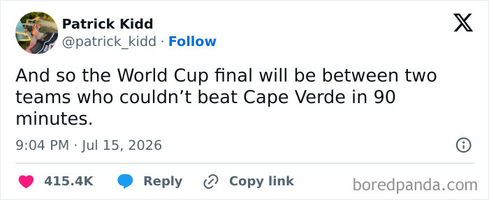 World Cup 2026 meme with a tweet about the final teams inability to beat Cape Verde, capturing humor.