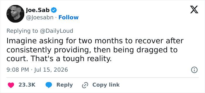 A tweet from Joe.Sab expressing a tough reality about being dragged to court for child support. A tweet from Joe.Sab expressing a tough reality about being dragged to court for child support.