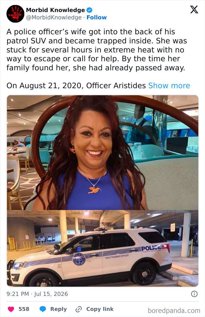A police officer's wife found passed away in a patrol SUV, a morbid and sad story.