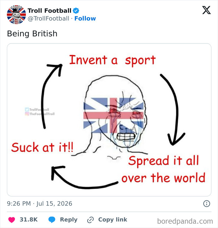 A World Cup 2026 meme depicting a British flag-faced crying figure, cycling through invent a sport, spread it, and suck at it.