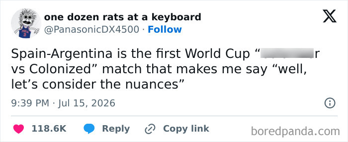 A tweet about a World Cup 2026 match between Spain and Argentina, discussing its historical context.