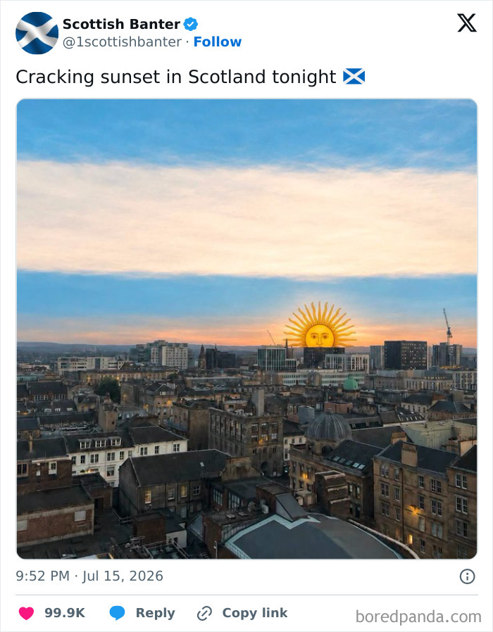 A World Cup 2026 meme showing a city skyline with the sun replaced by Argentinas national emblem.
