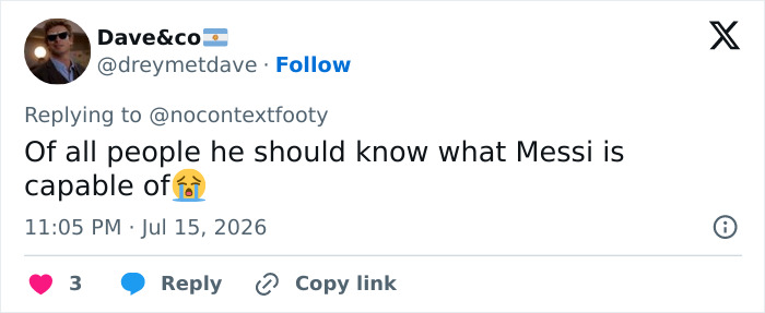 A tweet about Messi's capabilities, relating to Victoria Beckham's behavior and David Beckham defending her. A tweet about Messi's capabilities, relating to Victoria Beckham's behavior and David Beckham defending her.