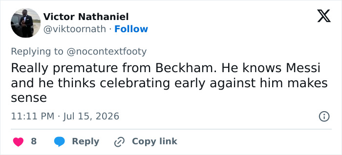A tweet about Beckham's premature celebration, highlighting Victoria Beckham's behavior and David Beckham defending her. A tweet about Beckham's premature celebration, highlighting Victoria Beckham's behavior and David Beckham defending her.