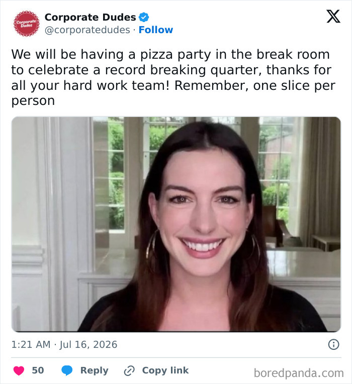 A tweet from Corporate Dudes announcing a pizza party with a single slice per person, reflecting 9-to-5 life realities.