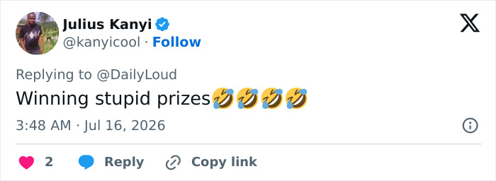Screenshot of a tweet by Julius Kanyi, with laughing emojis and saying Winning stupid prizes, related to child support court. Screenshot of a tweet by Julius Kanyi, with laughing emojis and saying Winning stupid prizes, related to child support court.