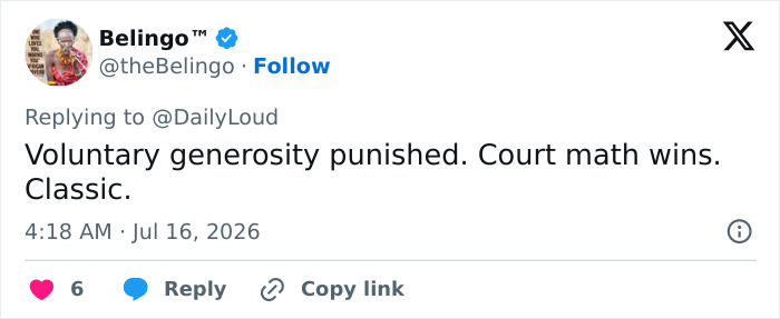 Tweet by @theBelingo stating, Voluntary generosity punished. Court math wins. Classic, discussing the viral child support case. Tweet by @theBelingo stating, Voluntary generosity punished. Court math wins. Classic, discussing the viral child support case.