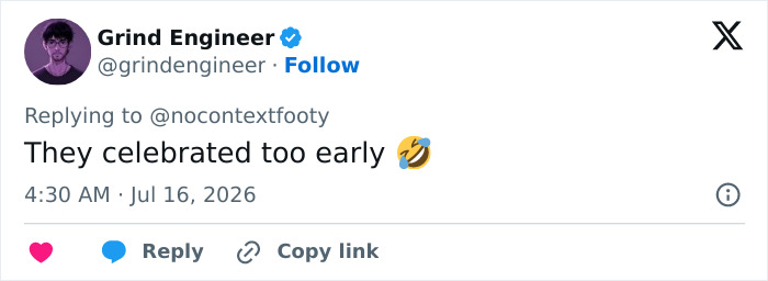 A tweet stating they celebrated too early, referencing Victoria Beckham's behavior and David Beckham defending her. A tweet stating they celebrated too early, referencing Victoria Beckham's behavior and David Beckham defending her.
