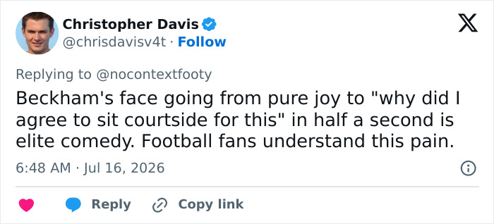 Tweet about Beckham's reaction, alluding to Victoria Beckham's behavior and the pressure on David. Tweet about Beckham's reaction, alluding to Victoria Beckham's behavior and the pressure on David.