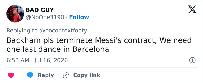 A tweet asking Beckham to terminate Messi's contract, linking to Victoria Beckham's behavior and David Beckham defending her. A tweet asking Beckham to terminate Messi's contract, linking to Victoria Beckham's behavior and David Beckham defending her.