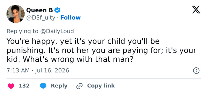 Screenshot of a viral tweet from 'Queen B' commenting on a dad stopping child support payments, which backfired. Screenshot of a viral tweet from 'Queen B' commenting on a dad stopping child support payments, which backfired.